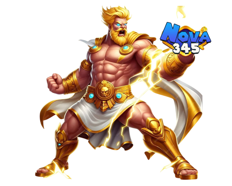 ตัวละครเทพนักรบสีทองท่าทางทรงพลัง ข้างโลโก้ NOVA345 สไตล์สล็อตแฟนตาซีโทนทองแดง