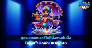 แบนเนอร์ NOVA345 โทนน้ำเงินม่วง มีตัวละครแฟนตาซีสไตล์สล็อต พื้นหลังแสงนีออนแนวคาสิโนออนไลน์